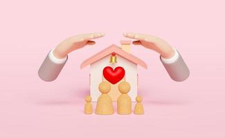 affärsman händer skyddande hus modell med trä- docka siffror familj, röd hjärta isolerat på rosa bakgrund. Lycklig familj, skydd, inteckning lån begrepp, 3d illustration, 3d framställa foto