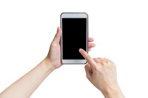 stänga upp hand kvinna innehav telefon och pekskärm på isolerat vit med klippning väg. foto