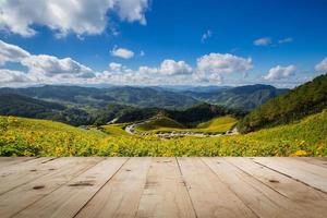 trä tabell och tung bua tong mexikansk solros i maehongson, thailand foto