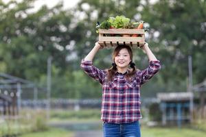 asiatisk kvinna jordbrukare är bärande de trä- bricka full av nyligen plocka organiska ämnen grönsaker över henne huvud på de trädgård för skörda säsong och friska diet mat begrepp foto