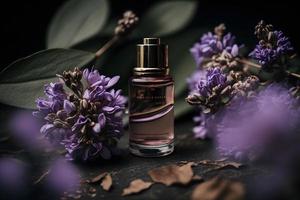 unik och aromatisk olja för kropp vård. lila blomma Produkter fotografi foto