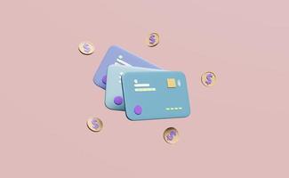 3d kreditera kort stack ikon med mynt isolerat på rosa bakgrund. uppkopplad handla, sparande pengar, uppkopplad betalning, företag finansiera, kontantlös begrepp, 3d framställa illustration foto