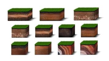 isometrisk jord skikten diagram, korsa sektion av grön gräs och underjordisk jord skikten under, skikt av organisk, mineraler, sand, lera, isometrisk jord skikten isolerat på vit foto