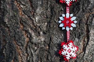 snöflingor av känt på en röd band på en bakgrund av träd bark foto