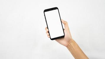 rätt hand innehav tom smartphone isolerat för gränssnitt attrapp foto