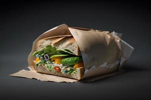 hemlagad ta bort smörgås packade i en grå papper mat fotografi foto
