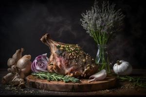 färsk schweinshaxe med kryddor, vitlök och salt mat fotografi foto