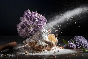 förberedelse för friterad lila blomma med pulveriserad socker. ljuv efterrätt fotografi foto