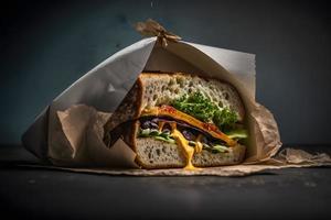 hemlagad ta bort smörgås packade i en grå papper mat fotografi foto