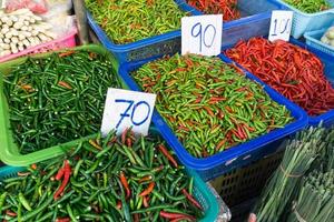 färsk röd och grön varm chilipeppar i en korg såld på lokal- marknadsföra i thailand foto