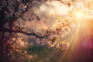 vår blomma bakgrund. natur scen med blomning träd och Sol blossa. vår blommor. skön fruktträdgård fotografi foto