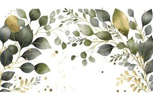 vattenfärg sömlös gräns med grön guld löv och grenar, för bröllop stationär, hälsningar, tapeter, bakgrund foto