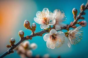 foton skön blommig vår abstrakt bakgrund av natur. grenar av blomstrande aprikos makro med mjuk fokus på mild ljus blå himmel bakgrund