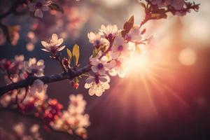 vår blomma bakgrund. natur scen med blomning träd och Sol blossa. vår blommor. skön fruktträdgård fotografi foto