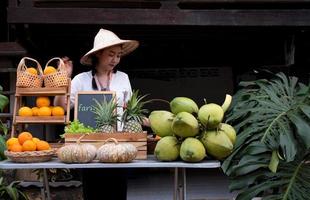inföding Asien kvinna försäljning frukt på de bruka stanna kvar, hemvistelse på thailand loei foto