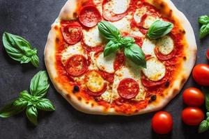 italiensk pizza margherita med tomat sås mozzarella ost basilika på en mörk betong bakgrund. pizza recept och meny. foto