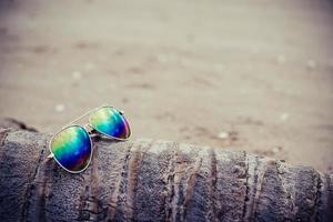 solglasögon på stranden med ett kokospalmer foto