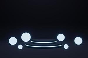 cylinder podium med blå neon lampor på ringa bakgrund. begrepp av design för produkt visa. layout horisontell, 3d framställa foto