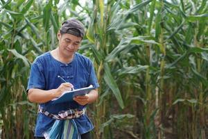 asiatisk man jordbrukare är i majs trädgård, bär keps, blå skjorta, skriv på papper urklipp, inspekterar tillväxt och sjukdom av växter. begrepp, lantbruk forskning och studie till utveckla gröda. foto