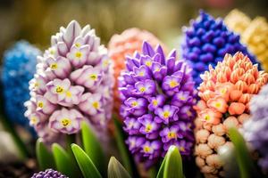 Foto stor blomma säng med flerfärgad hyacinter, traditionell påsk blommor, blomma bakgrund, påsk vår bakgrund