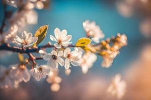 foton grenar av blomstrande körsbär makro med mjuk fokus på mild ljus blå himmel bakgrund i solljus med kopia Plats. skön blommig bild av vår natur, fotografi