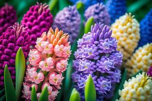 Foto stor blomma säng med flerfärgad hyacinter, traditionell påsk blommor, blomma bakgrund, påsk vår bakgrund