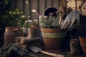 Foto trädgårdsarbete - uppsättning av verktyg för trädgårdsmästare och blomkrukor i solig trädgård, fotografi