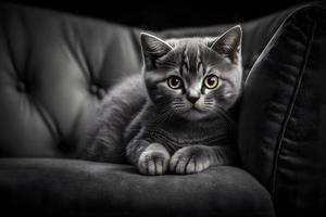 porträtt skön liten katt på en grå soffa fotografi foto