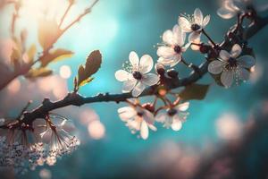 foton grenar av blomstrande körsbär makro med mjuk fokus på mild ljus blå himmel bakgrund i solljus med kopia Plats. skön blommig bild av vår natur, fotografi