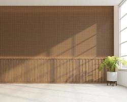 japansk stil tömma rum dekorerad med trä galler vägg och trä- lameller vägg, vit betong golv. 3d tolkning foto