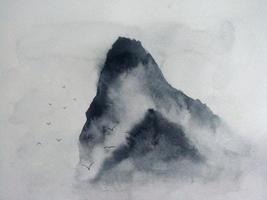 vattenfärg målning på papper landskap berg dimma. traditionell orientalisk. Asien konst stil foto