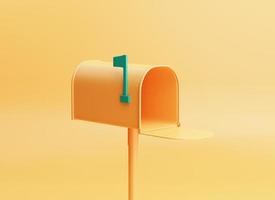 orange brevlåda på orange bakgrund. minimalistisk begrepp. 3d tolkning. foto