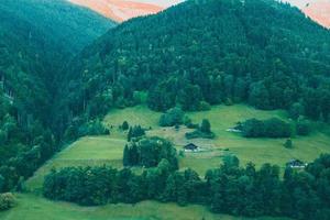 majestätisk bergen i de alps täckt med träd och moln foto