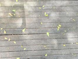 gul löv falla och spridd ovan trä- däck golv under de solljus med skuggor. foto