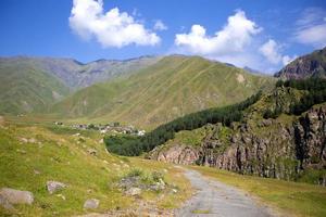 färgrik landskap med hög berg, skön lindning väg, grön skog. berg dal. resa i georgien foto