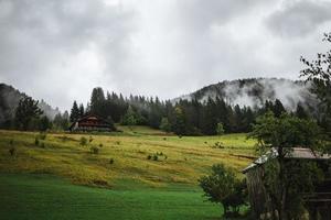 trä- hydda i de alps med bergen i de bakgrund panorama foto