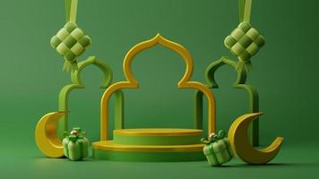 3d illustration av produkt visa med moské och halvmåne måne islamic festival dekorativ element för ramadan eid mubarak befordran försäljning reklam design på grön bakgrund foto