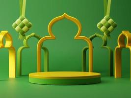 3d framställa ramadan eid mubarak festival firande med tom produkt visa och moské islamic festival dekoration befordran försäljning reklam design foto