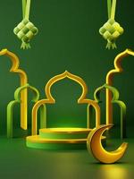 3d tolkning hari raya rmandan podium produkt visa med moské och islamic dekorativ element. lyx tema befordran försäljning reklam kampanj foto