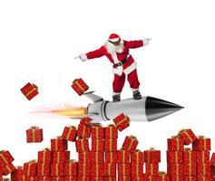 snabb leverans av jul gåvor. santa claus redo till flyga med en raket isolerat på vit bakgrund foto