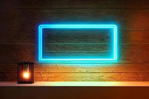 ljus blå rektangel neon på de vägg bakgrund och trä bakgrund. foto