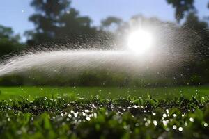 vatten stänk spray på de gräs eller trädgård fält skulle kunna vara från slang eller trädgård sprinkler. vattning de växt. foto