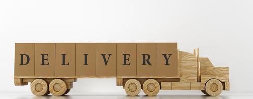 stor kartong lådor paket på en trä- leksak lastbil redo till vara levereras på vit bakgrund foto