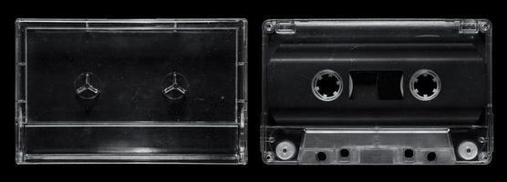transparent kassett tejp och kassett fall uppsättning på isolerat svart bakgrund foto