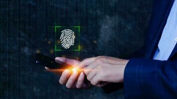 affärsman använder sig av rörande smart telefon med läser in fingeravtryck, biometrisk identitet och tillstånd trogen begrepp av Lösenord säkerhet och kontrollera genom fingeravtryck i framtida. foto