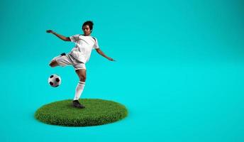 fotboll spelare sparkar de boll på en gräs- tallrik med cyan bakgrund foto