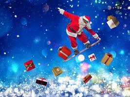 santa claus hoppar med en snowboard styrelse foto