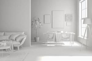 inre av ett modernt vardagsrum med en soffa och möbler i tolkning 3d