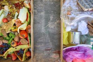 annorlunda skräp. sopor sorteringsjärn, papper, plast, inhemsk avfall för kompost från frukt och grönsaker. foto