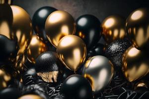 stänga upp skinande gyllene och svart ballonger för födelsedag firande, händelse firande bakgrund, fri Foto